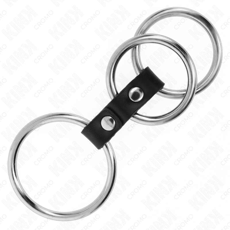 KINK - POTRÓJNY METALOWY PIERŚCIEŃ NA PENISA OD 3,7 CM DO 5 CM POŁĄCZONY ZE SKÓRĄ