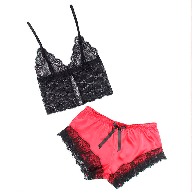 SUBBLIME - 953966 KOSZULA NOCNA JEDWABNA CASUAL + KORONKOWE SPODENKI CZARNO/CZERWONY L/XL