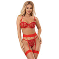 SUBBLIME - 954321 HEART PRINT BRA + THONG + GARTER BELT RED S/M