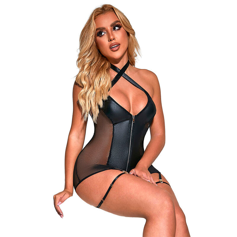 SUBBLIME - 954444 SEKSOWNA SUKIENKA Z SIATECZKI ZE SKÓRZANYMI WSTAWKAMI CZARNA S/M