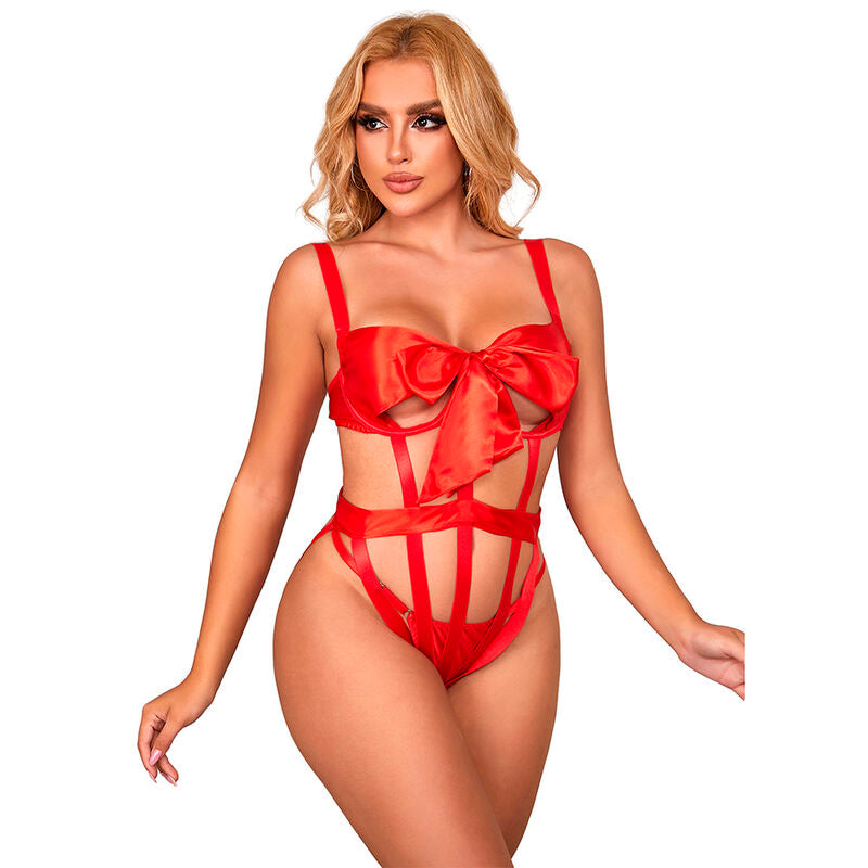 SUBBLIME - 954475 SEKSOWNE AŻUROWE BODY Z KOKARDKĄ CZERWONE L/XL