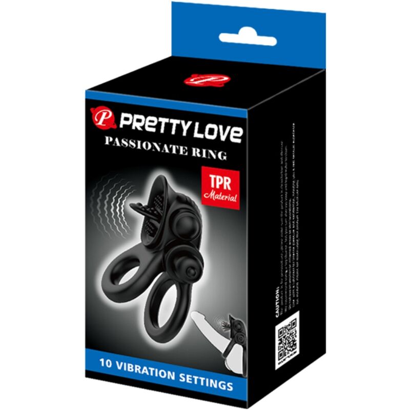 PRETTY LOVE - PASSIONATE RING PODWÓJNY WIBRUJĄCY PIERŚCIEŃ NA PENISA + STYMULATOR ŁECHTACZKI CZARNY