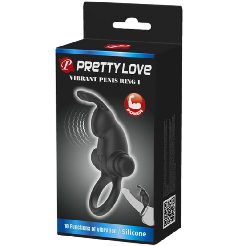 PRETTY LOVE - WIBRUJĄCY PIERŚCIEŃ EREKCYJNY Z WITRYNATOREM ŁECHTACZKI KRÓLICZKIEM 10 WIBRACJI CZARNY