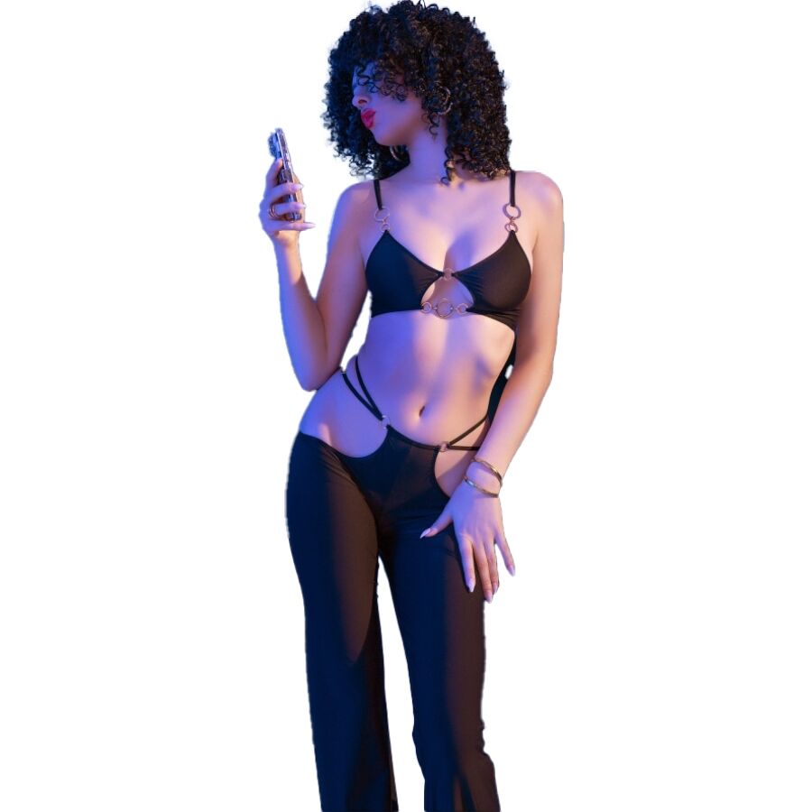 CHILIROSE - CR 4851 CZARNY KOMPLET TOP I LEGGINSY ZE ZŁOTYMI AKCESORIAMI S