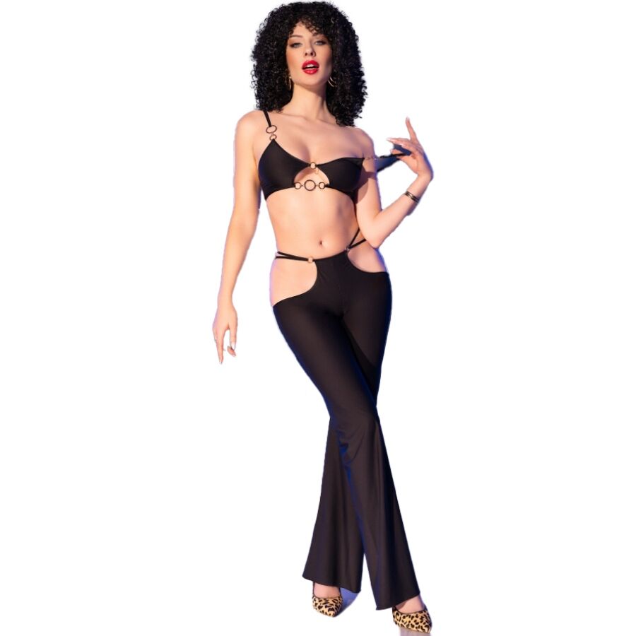 CHILIROSE - CR 4851 CZARNY KOMPLET TOP I LEGGINSY ZE ZŁOTYMI AKCESORIAMI S