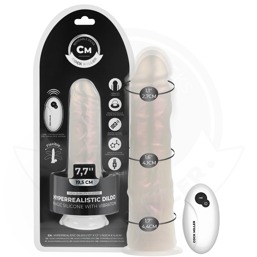 COCK MILLER - DILDO Z PRZYSSAWKĄ, ŚWIATŁAMI I WIBRACJAMI Z PILOTEM BIAŁY 19,5 CM