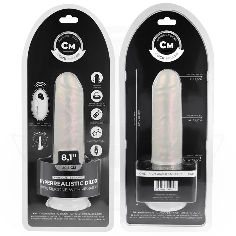 COCK MILLER - DILDO Z PRZYSSAWKĄ, ŚWIECĄCY I WIBRUJĄCY Z PILOTEM BIAŁY 20.5 CM