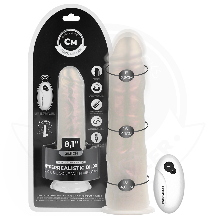 COCK MILLER - DILDO Z PRZYSSAWKĄ, ŚWIECĄCY I WIBRUJĄCY Z PILOTEM BIAŁY 20.5 CM