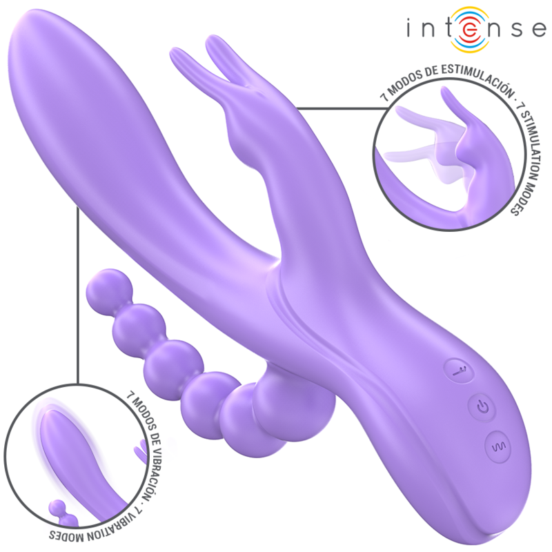 INTENSE - MIKO POTRÓJNY WIBRATOR KRÓLICZEK I STYMULATOR I ANALNY 7 WIBRACJI FIOLETOWY
