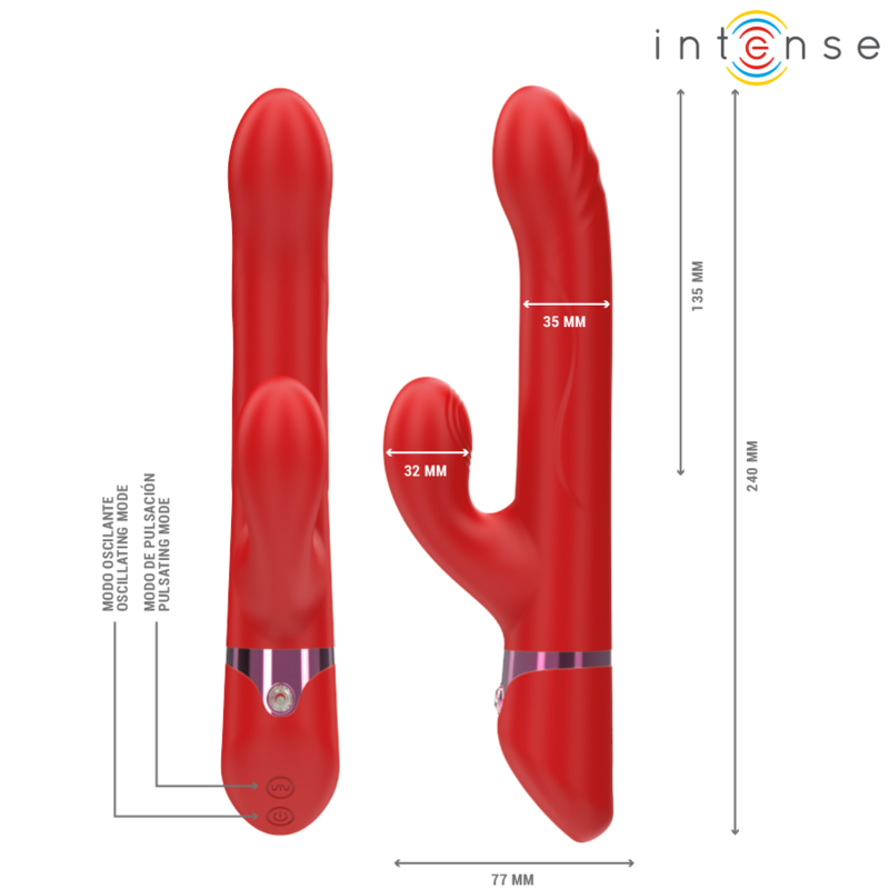 INTENSE - WIBRATOR WIELOFUNKCYJNY LELE OBROTOWY I OSCYLACYJNY Z FUNKCJĄ STYMULACJI CZERWONY