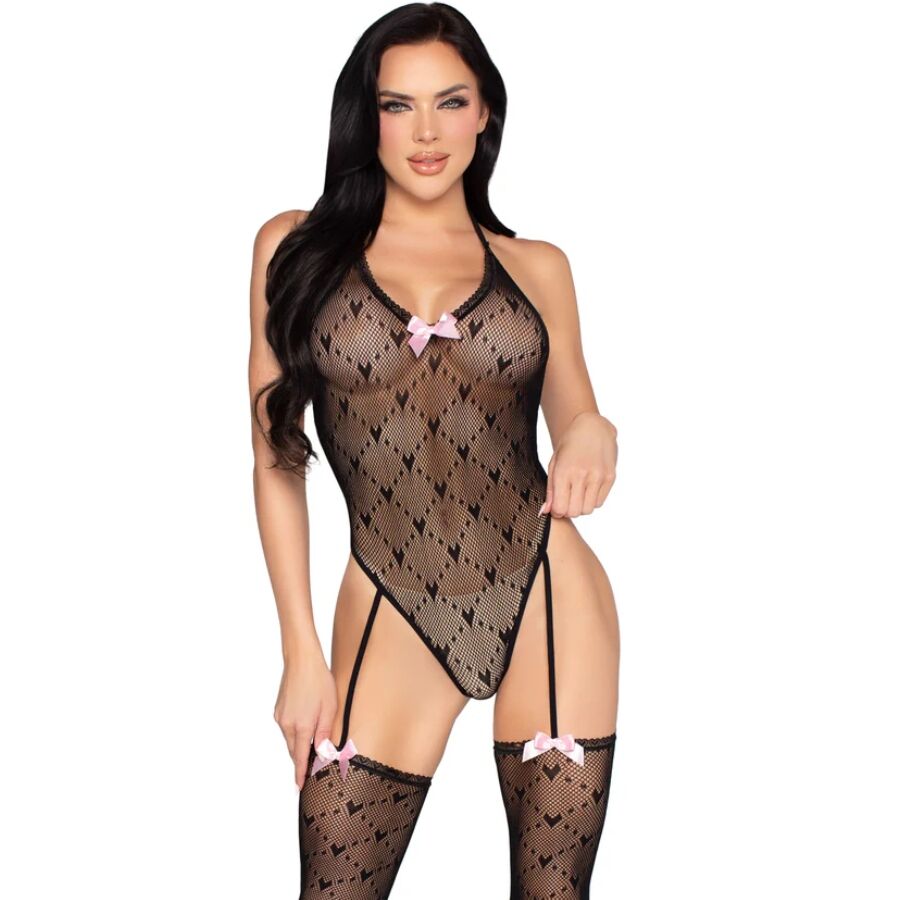 LEG AVENUE - 89360 BODY Z OTWARTYMI PLECAMI Z PASem DO POŃCZOCH CZARNY - ROZMIAR UNIWERSALNY