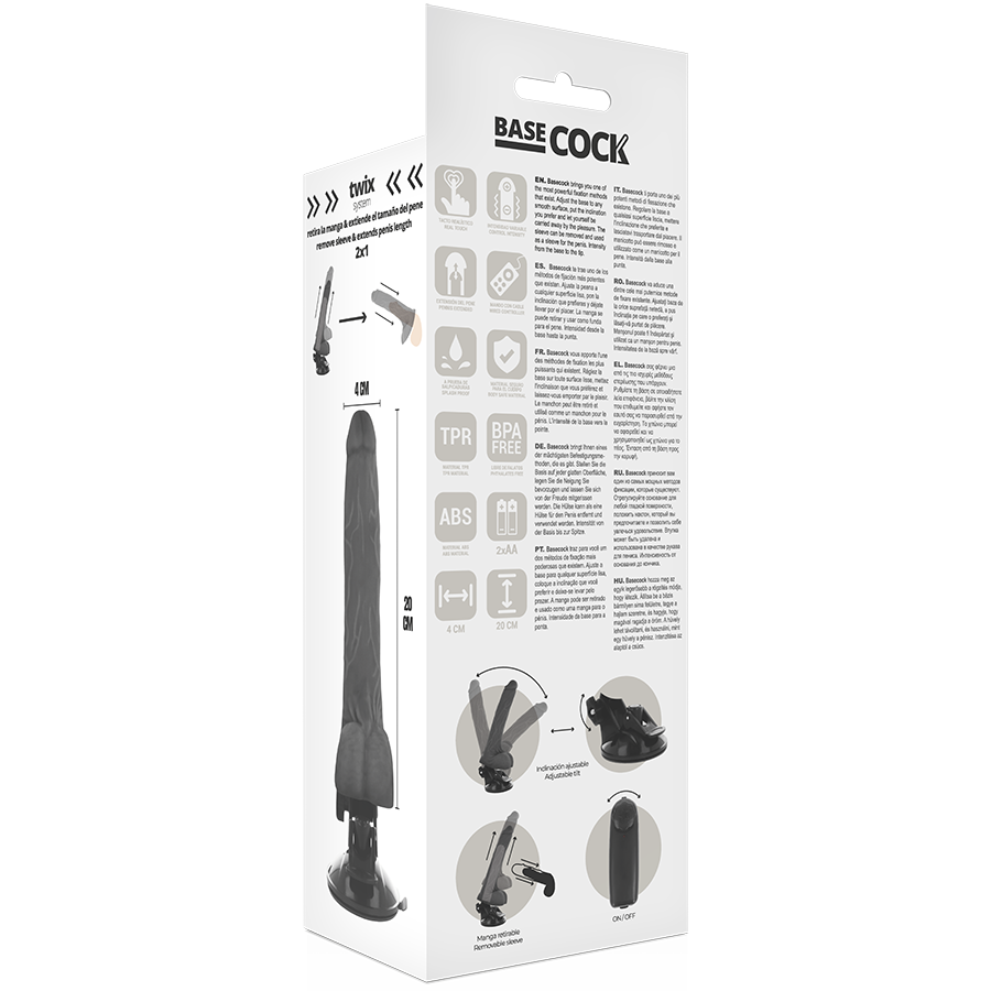 BASECOCK - REALISTYCZNY CZARNY WIBRATOR Z PILOTEM I JĄDRAMI 20 CM -Ø- 4 CM